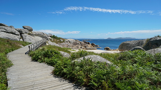 Wooden footpath along the coast in Galicia, Spain, Atlantic ocean, province of Pontevedra, Praia Abelleira, San Vicente do Grove