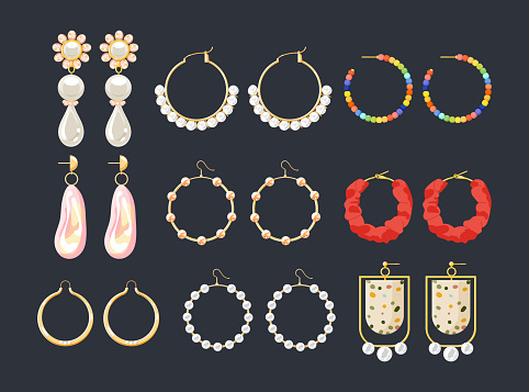 Earrings jewelry accessories vector set. Gold and diamond pearl gemstones pendant illustration. Stud hoop drop dangle earrings designs. Flat style