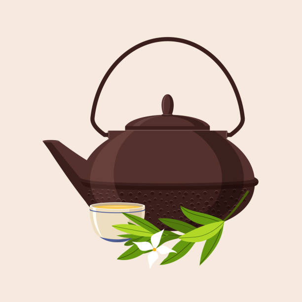 chinesische grünteekanne, wasserkocher und eine tasse tee mit grünem zweig. tee aus aromatischen blättern und süßen geschmäckern. illustration im flachen stil - tea cup tea green tea chinese tea stock-grafiken, -clipart, -cartoons und -symbole