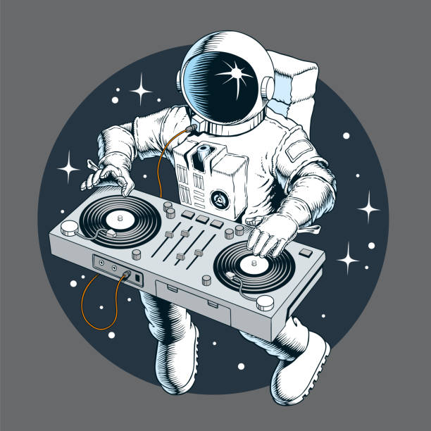 illustrations, cliparts, dessins animés et icônes de astronaute dj avec platine dans l’espace. illustration vectorielle de fête disco univers. - techno