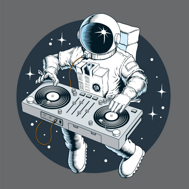 우주에서 턴테이블과 우주 비행사 dj. 유니버스 디스코 파티 벡터 일러스트레이션. - 테크노 음악 stock illustrations