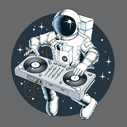 Astronaut dj with turntable in the space. Universe disco party comic book style vector illustration.