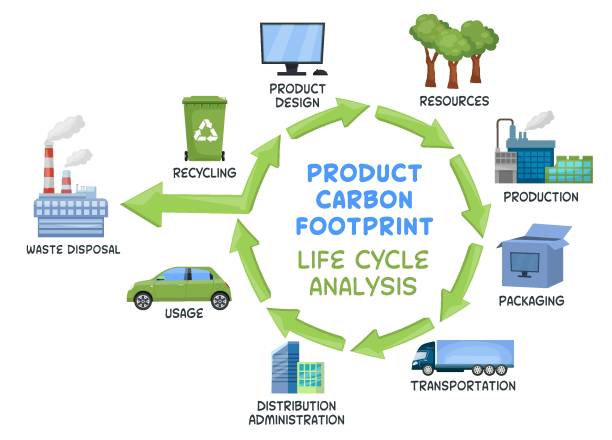 ilustrações de stock, clip art, desenhos animados e ícones de product carbon footprint. life cycle analysis. vector illustrtion - footprint carbon environment global warming