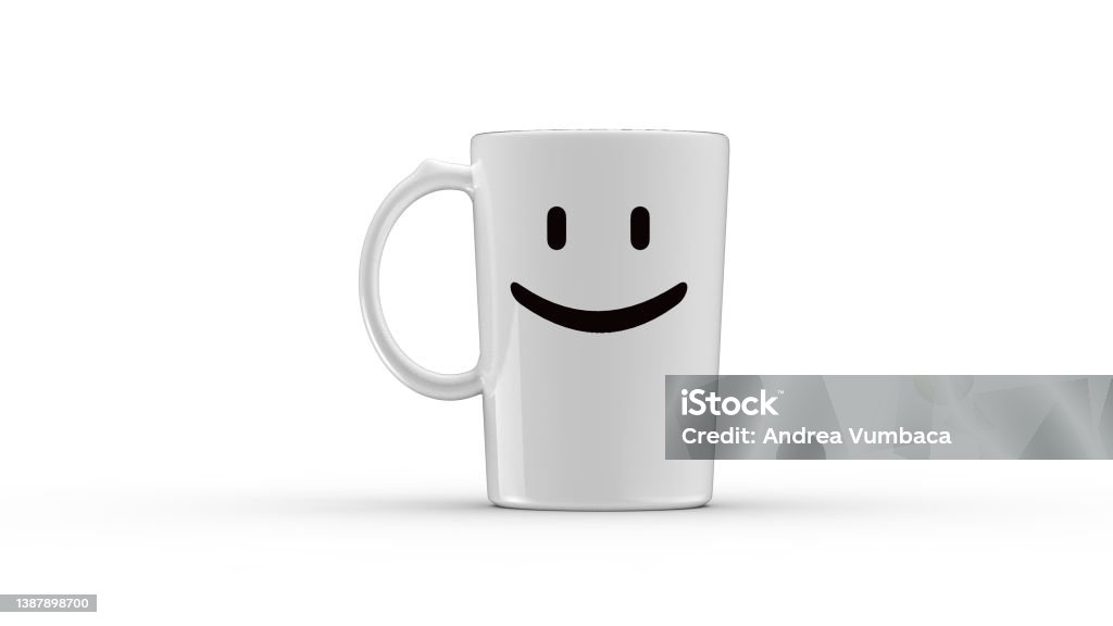 Mug smiled mock up isolated whit smile happy on light white background. Cup 3D illustration render. White Background Stock Photo