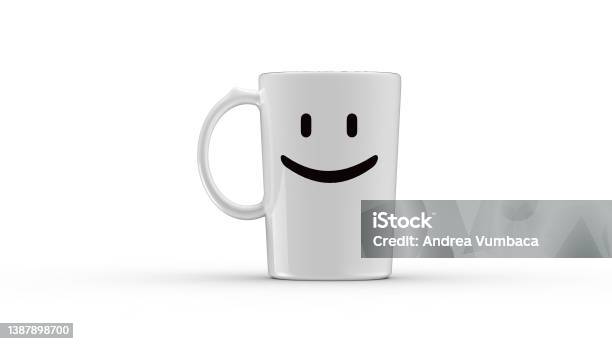 Mug Smiled Mock Up Isolated Whit Smile Happy On Light White Background Cup 3d Illustration Render Stock Photo - Download Image Now