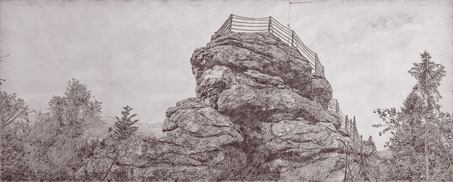Charcoal or graphite drawing of rock of Certovy kameny in Jeseniky mountains in Czech republic