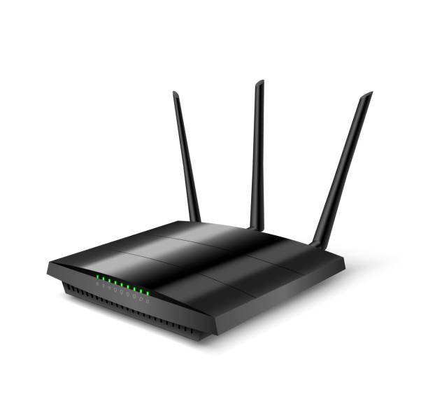 Wifi router realistic angle view mockup, black device with antennas for wireless internet connection Wifi router realistic angle view mockup, black home device with antennas for wireless internet connection isolated on white background. 3d vector illustration router vector stock illustrations