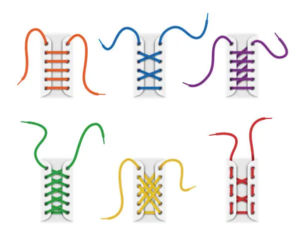 Vector illustration of Set of colorful shoelaces untied and laced in holes with various methods or techniques