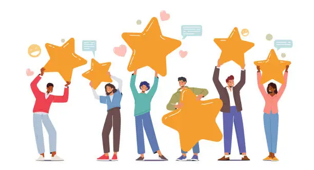 Vector illustration of Characters with Huge Rate Stars, Consumer and User Review, Rating Concept with Smiling People Holding Golden Stars