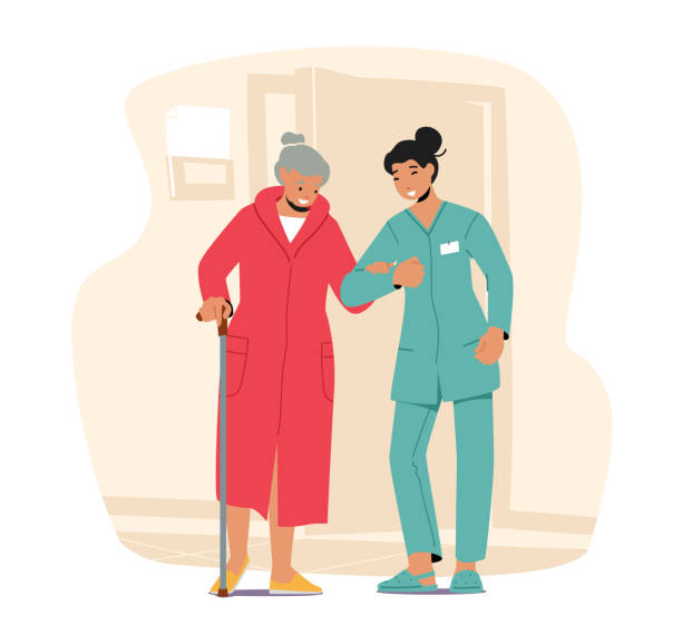 Healthcare, Medical Aid Concept. Social Worker Care of Sick Senior. Young Nurse or Volunteer Medic Help to Old Woman Healthcare, Medical Aid Concept. Social Worker Care of Sick Senior. Young Nurse or Volunteer Medic Help to Old Woman with Cane to Walk at Home or Nursing House. Cartoon People Vector Illustration walking aide stock illustrations