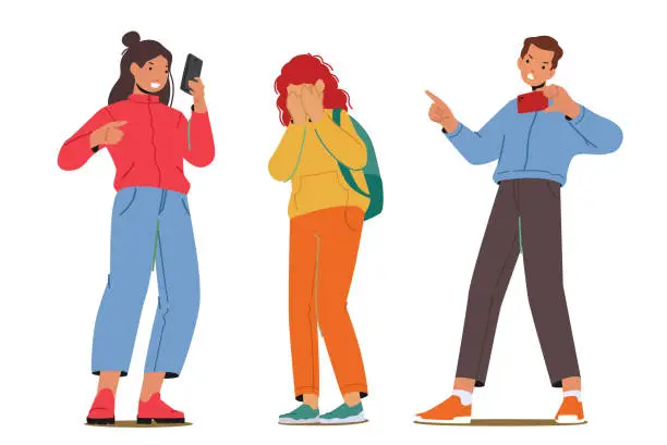 Vector illustration of Teenagers Characters Bullying Girl, Laughing and Pointing on her, Record Video on Smartphone. Teens Abuse, Violence