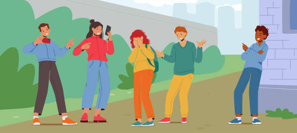 illustrations, cliparts, dessins animés et icônes de personnages d’adolescents intimidant une camarade de classe dans la cour arrière de l’école, appelant avec des noms méchants et enregistrant une vidéo, abus d’adolescents - harcelement scolaire