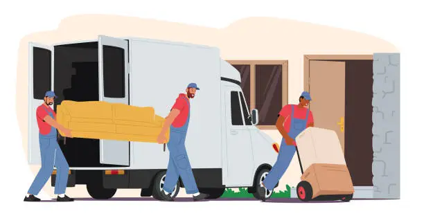 Vector illustration of Relocation and Moving into New House Concept. Worker Characters Push Trolley with Cardboard Boxes and Carry Sofa