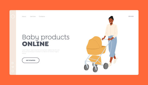 illustrations, cliparts, dessins animés et icônes de modèle de page de destination en ligne pour produits pour bébés. jeune mère poussant le chariot avec le nouveau-né. maman marche avec poussette - mother baby carriage women walking