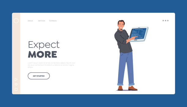 Expect More Landing Page Template. Happy Man Presentation, Promoter Pointing with Finger on Digital Device Screen Expect More Landing Page Template. Happy Man Presentation, Promoter Pointing with Finger on Digital Device Screen, Cheerful Male Character Recommending New App. Cartoon People Vector Illustration computer presentation stock illustrations