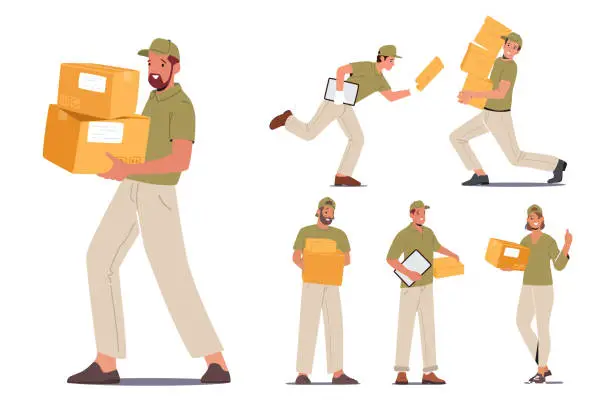 Vector illustration of Set of Couriers Male and Female Characters Wear Uniform Carry Carton Boxes. Delivery Men and Women with Invoice