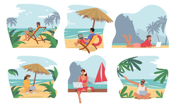 ilustraciones, imágenes clip art, dibujos animados e iconos de stock de set freelancers personajes femeninos masculinos trabajando en la playa en tropical resort. la gente usa ropa de verano trabajando en una computadora portátil - island group