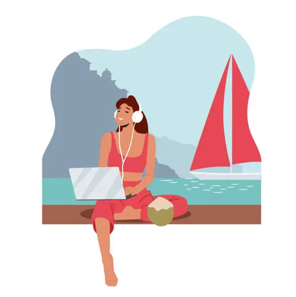 Vector illustration of Young Woman Freelancer Wear Headphones Work on Laptop at Sea Beach Sitting on Bench. Female Working Activity with Pc