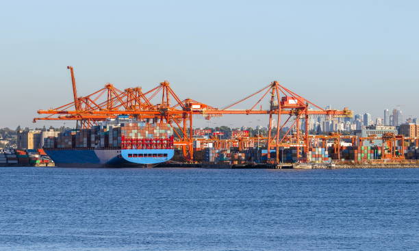 Harbor cranes at the Vancouver Seaport stock photo