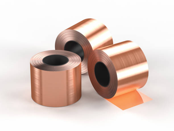 istock roll of copper sheets or heap of copper tapes 1387901145