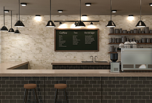 3d rendering cafe interior or coffee shop inside with counter bar and empty seats