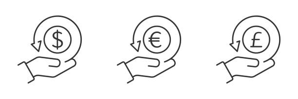 ilustrações de stock, clip art, desenhos animados e ícones de cashback icons. return money. hand hold coin. dollar, euro, pound sterling symbols. business icon. vector illustration. - euro symbol