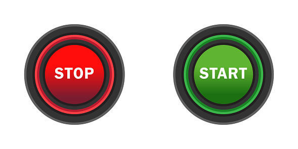 Start and stop buttons. Red, green and black colors. Isolated on white background. Flat vector illustration.