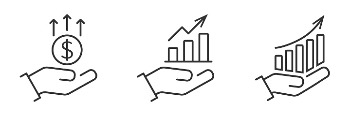 Financial growth icons. Hand and profit symbols. Increase money growth. Flat vector illustration.
