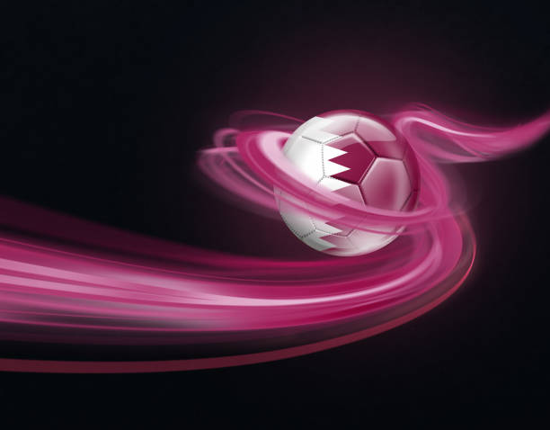 stockillustraties, clipart, cartoons en iconen met qatar flag on soccer ball flying through dark space - qatar football