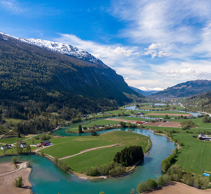 A view of Stryn, the beautifully meandering Stryneelva River in the Stryn Valley, in the county of Vestland, Norway, Scandinavia, Europa
