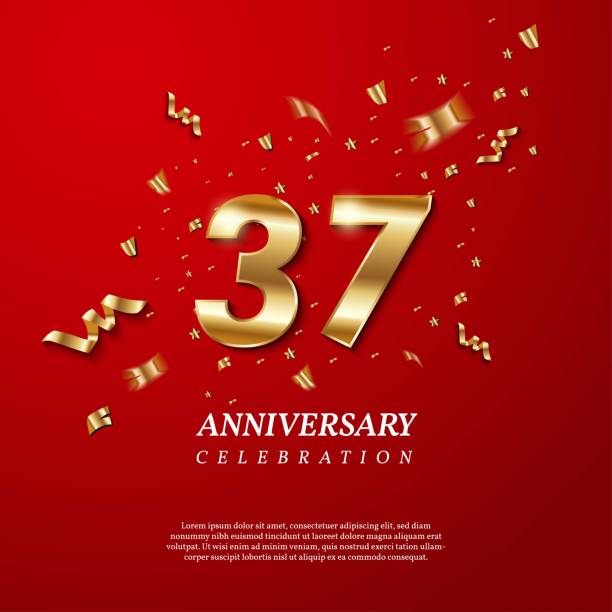 37th Anniversary celebration. Golden number 37 with sparkling confetti, stars, glitters and streamer ribbons on red background. Vector festive illustration. Birthday or wedding party event decoration 37th Anniversary celebration. Golden number 37 with sparkling confetti, stars, glitters and streamer ribbons on red background. Vector festive illustration. Birthday or wedding party event decoration number 37 stock illustrations