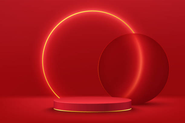 istock Abstract red 3D room with realistic  cylinder pedestal podium and golden neon ring background. Minimal scene for product display presentation. Vector mock up geometric forms design. Stage  showcase. 1387907747