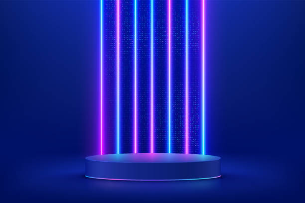 リアルなダークブルーの3dシリンダー台座表彰台。垂直照明ネオン照明と輝くドットキラキラとsf抽象的な部屋。ベクトルレンダリング幾何学的形態、プロダクト表示。未来的なシーン - purple pattern abstract backdrop点のイラスト素材／クリップアート素材／マンガ素材／アイコン素材