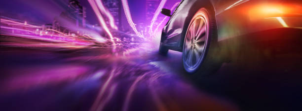 istock Sport car wheel drifting on night 1387907888