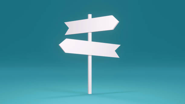 istock 3D rendering concept of travel vacation. Direction empty blank sign with white arrows on post isolated on blue background. 3D Render 1387911983