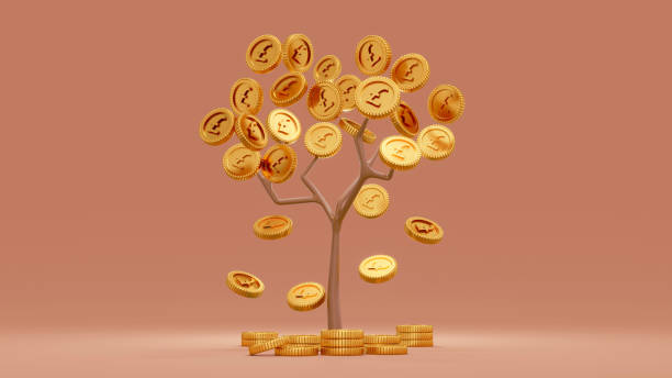 istock 3d Rendering concept of financial growth. Money tree with coins falling down on background. 3D Render. 3D illustration. Pound sterling. 1387912804