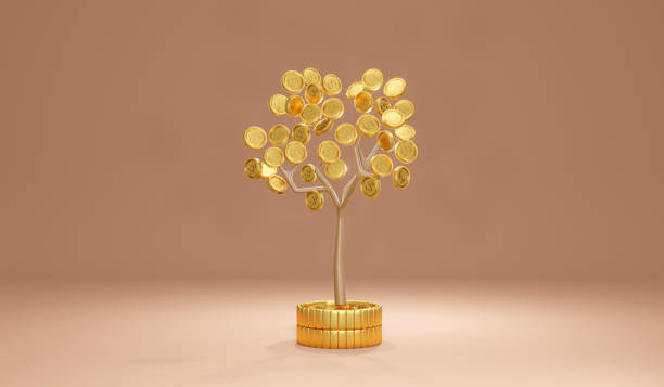 istock 3d Rendering concept of financial growth. Money tree with coins falling down on background. 3D Render. 3D illustration. Pound sterling. 1387912846
