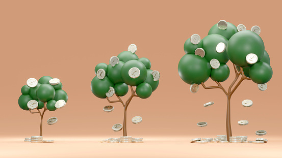 3d Rendering Concept Of Money Investment Money Tree Pound Sterling Trees  With Coins Falling Down Arrange From Small To Big On Background 3d Render 3d  Illustration Stock Photo - Download Image Now -