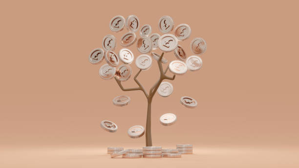 istock 3d Rendering concept of financial growth. Money tree with coins falling down on background. 3D Render. 3D illustration. Pound sterling. 1387912927