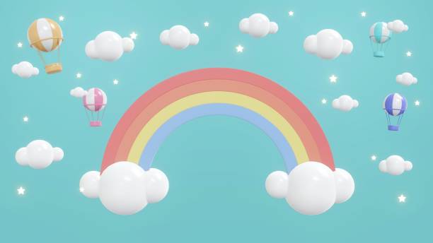 istock 3D Rendering concept of rainbow with hot air balloon on blue sky background. 3D render illustration. 1387913066