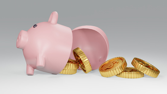3D Rendering concept of a broken piggy bank with golden coins on white background. 3D Render.