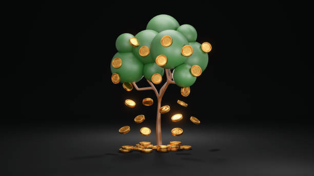 istock 3D Rendering concept of investment. Tree with coins falling down on black background. 3D Render. 1387914944