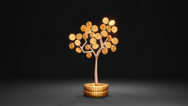 3D rendering concept of investment: a money tree on stack of coins on background. 3d render.