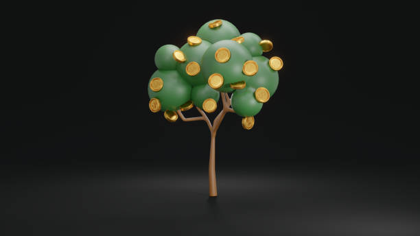 istock 3D Rendering concept of investment. Tree with coins falling down on black background. 3D Render. 1387915488