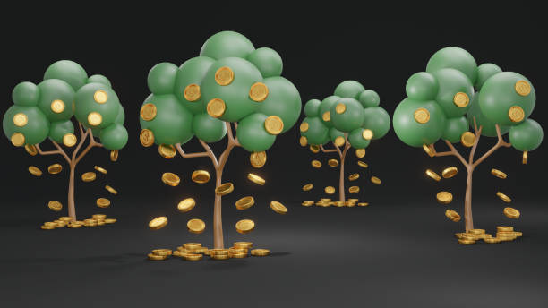 istock 3D Rendering concept of investment. Tree with coins falling down on black background. 3D Render. 1387915489