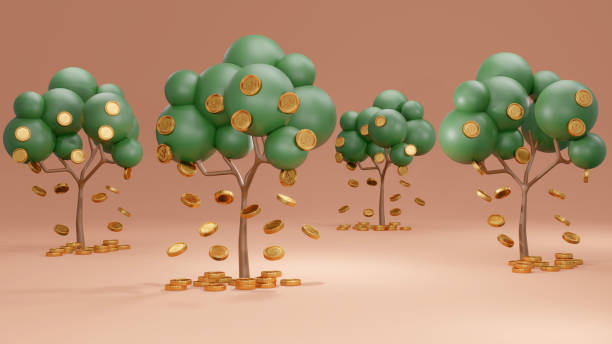 istock 3D Rendering concept of investment. Trees with coins falling down on background. 3D Render. 1387915542