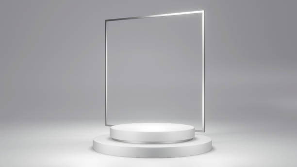 istock 3D rendering concept of metallic silver theme of blank product display podiums composition geometry elements for commercial template design. 3D Render. 1387916664
