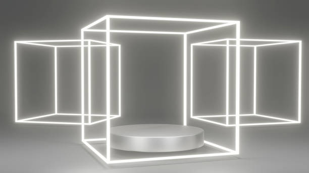 istock 3D rendering concept of product display podiums with glowing and opaque geometry elements for commercial template design. 3D Render. Platform exhibition. Metallic silver theme. 1387916669