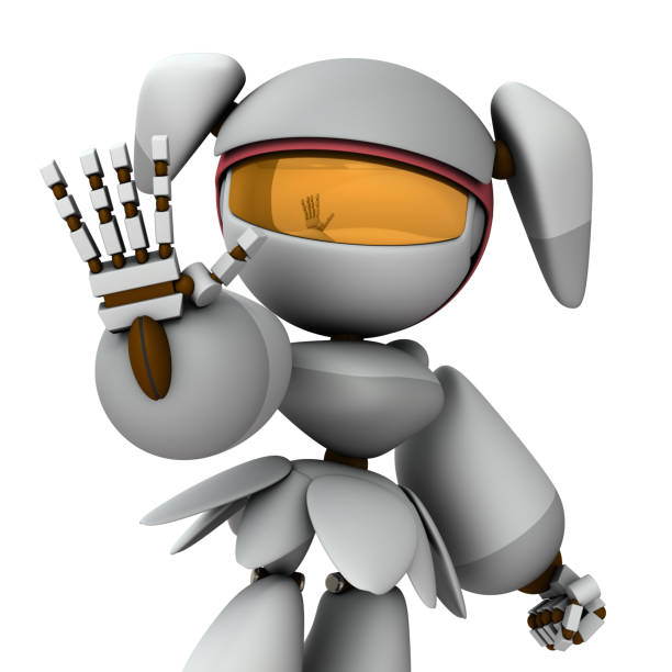 A female robot that sticks out her right hand. Resolute rejection. Negation and refusal. Isolated white background. 3D rendering. Upper body.