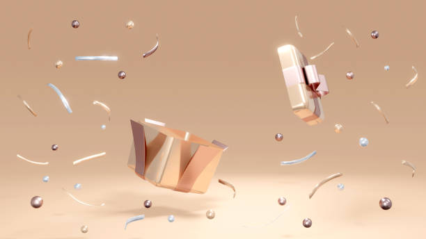istock 3D rendering concept of a present box opens up with geometric confetti elements around and blank space for commercial design. 3D render. 3D illustration. 1387917376